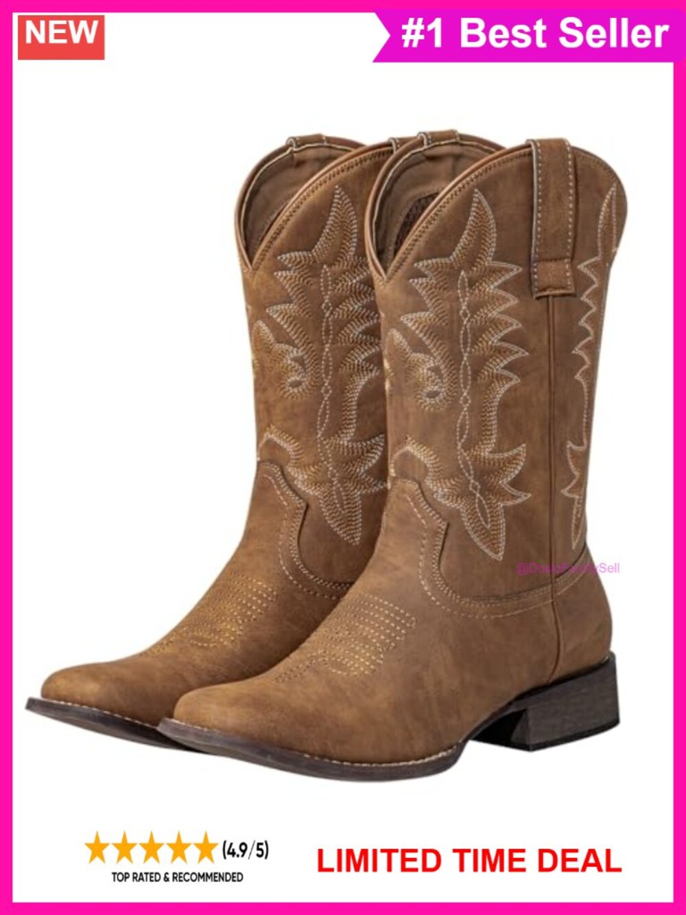 Faux Leather Square Toe Western Cowboy Boots Block Heel Mid-Calf